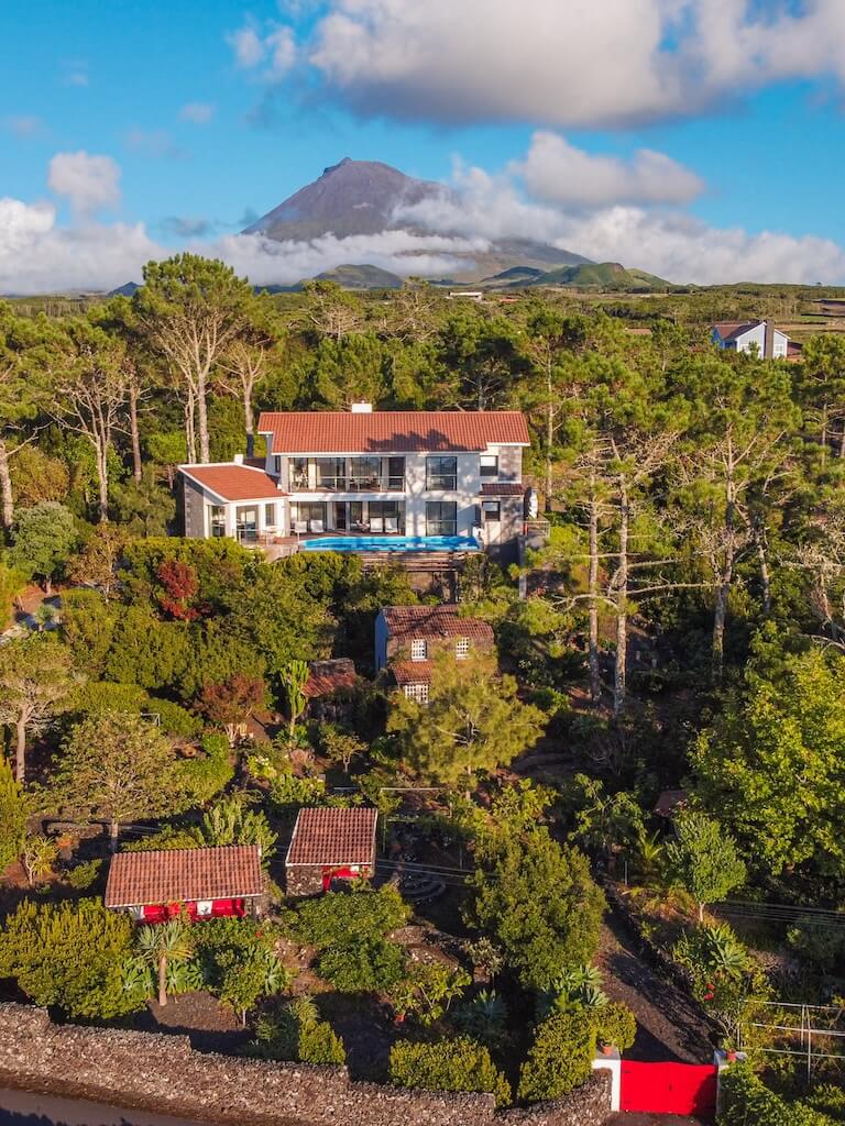 Aerial view of the luxury villa in Pico Island, Azores, with Mount Pico in the background