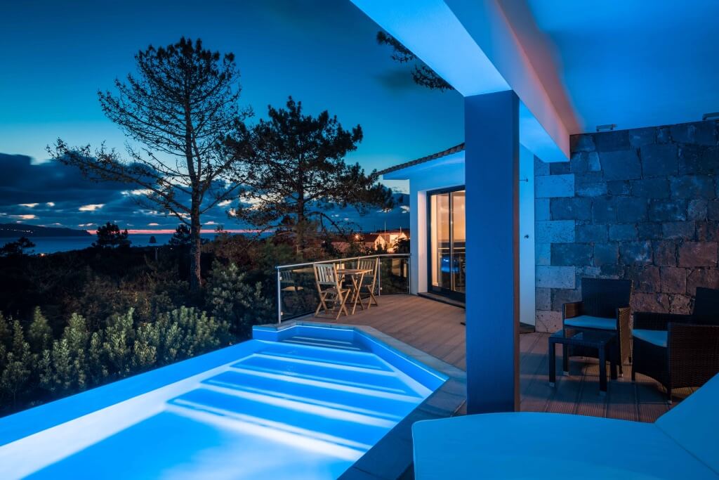 Evening view of the private heated pool and terrace